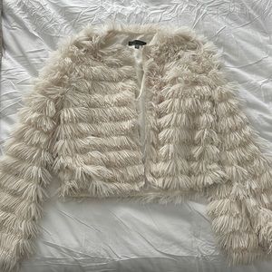 Blue blush cream faux fur fringe jacket